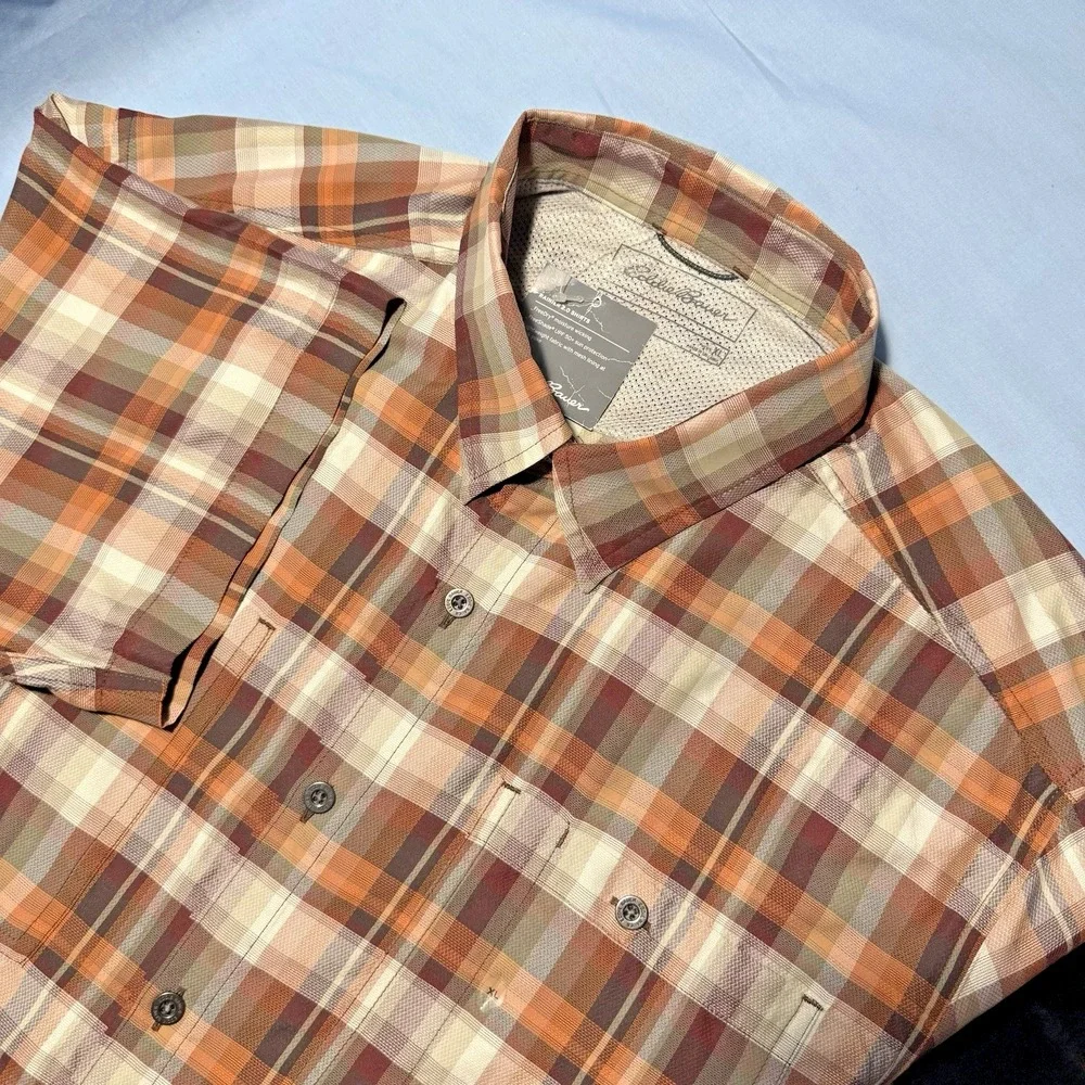 Eddie Bauer Rainier 2.0 Shirt Men's‎ XL Orange Plaid Short Sleeve Outdoor